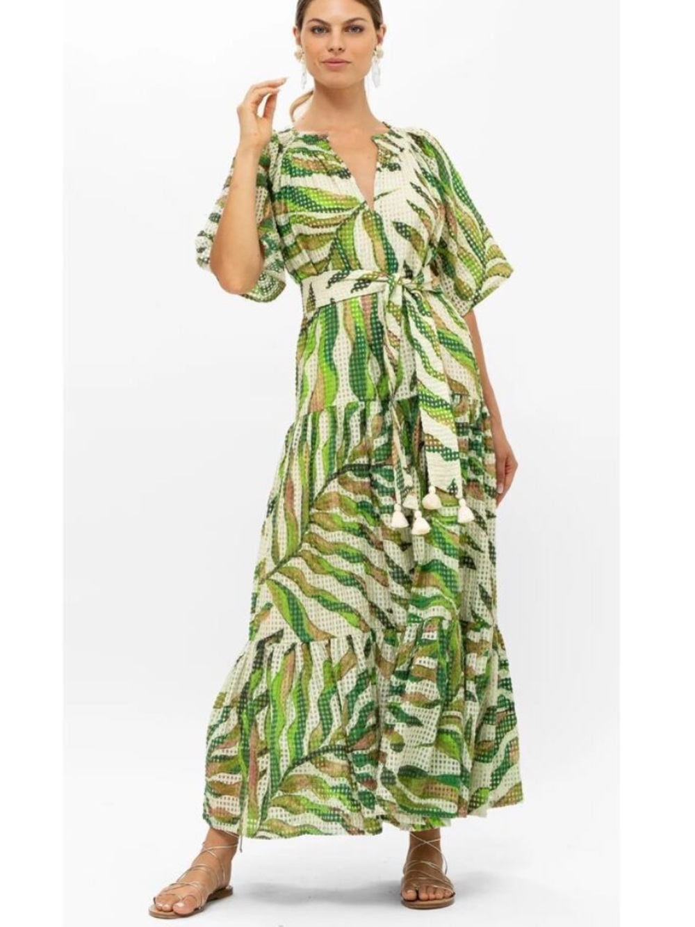 OLIPHANT Raglan Belted Maxi Midi Dress Maldive Green Leaf Print Tuckernuck Sz XS
